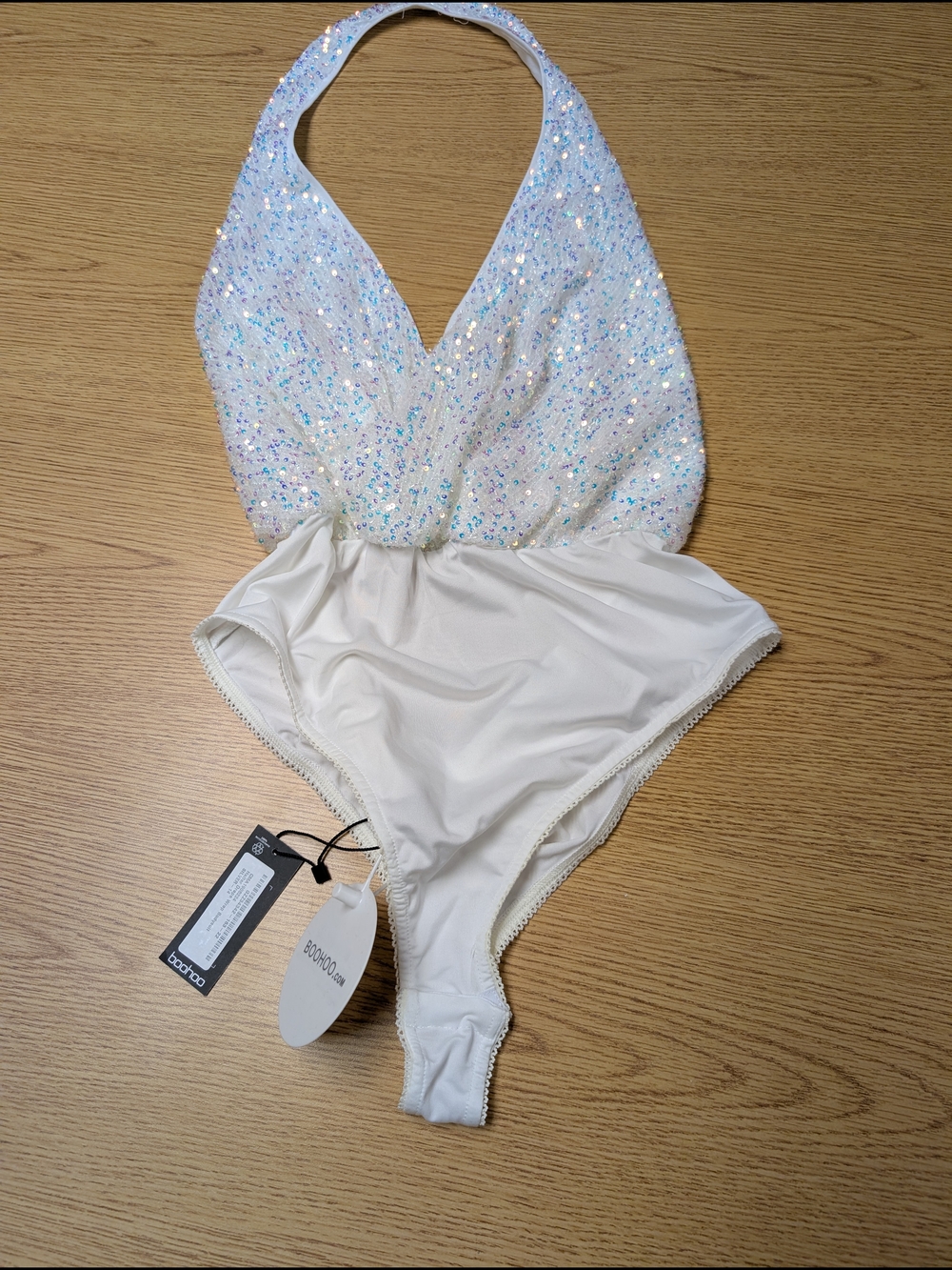 Boohoo Silver Halter Wrap Bodysuit Tag